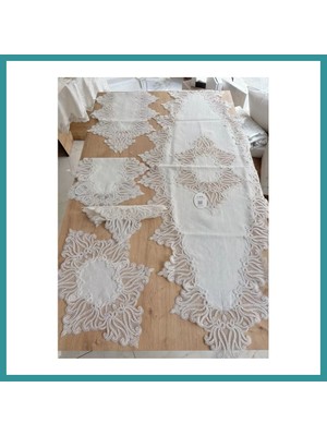 Bt Teknik Salon Takımı Çeyizlik Krem Runner Set 5 Parça Keten Ranır Masa Konsol Sehpa Örtüsü Gülseda Bez
