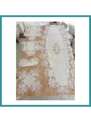 Bt Teknik Salon Takımı Çeyizlik Kreme Krem Runner Set 5 Parça Keten Ranır Masa Konsol Sehpa Örtüsü Kayla Bez