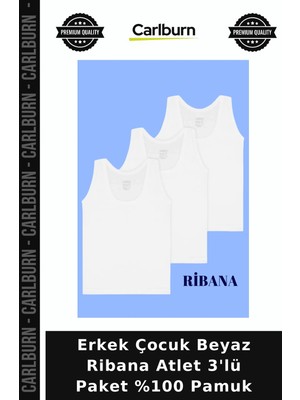 Carlburn Özel Seri Erkek Çocuk Beyaz Ribana Atlet 3'lü Paket %100 Pamuk Dokuma Rahat Çocuklar
