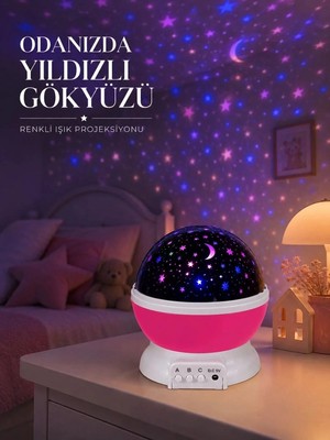 Uravas Store Uraselect Pembe Döner Yıldız Projektörü USB ve Pilli Kullanımlı Gece Lambası