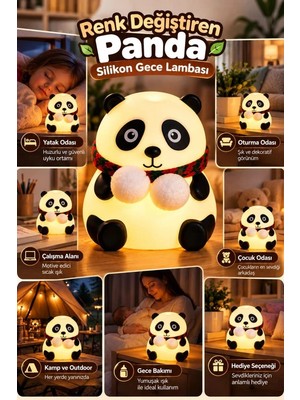 Uravas Store Uraselect Renkli Işık Modlu Silikon Panda Gece Lambası Dokunmatik Kontrollü Sevimli Dekoratif