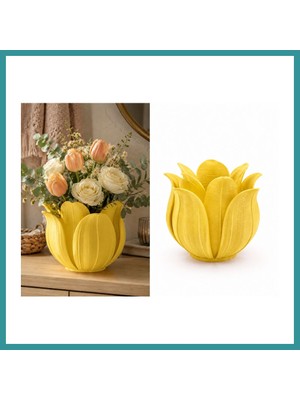 Bt Teknik 3D Baskı Lotus Yapraklı Vazo - Dekoratif Çiçeklik-Sarı Bez