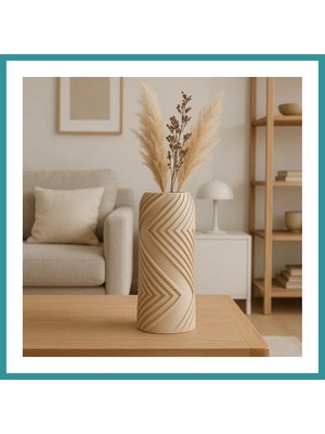 Bt Teknik 3D Baskı Vector Vazo - Geometrik Çizgili Dekoratif Vazo-Bej Bez