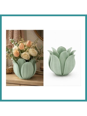 Bt Teknik 3D Baskı Lotus Yapraklı Vazo - Dekoratif Çiçeklik-Mint Bez
