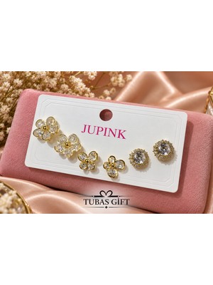 Tubas Gift Çelik Çiçek Taşlı Gold Kadın Küpe