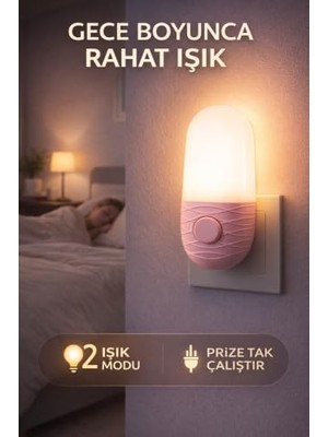 Pembe 2 Modlu Gece Lambası, Priz Tipi Led, Sıcak ve Beyaz Işık, 5 x 9 cm