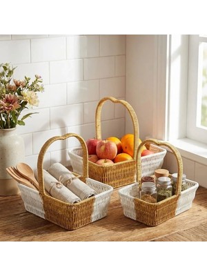 Uravas Store Şık Tasarım Çok Amaçlı Iç Içe Geçebilen Kalp Saplı Rattan Sepet Seti