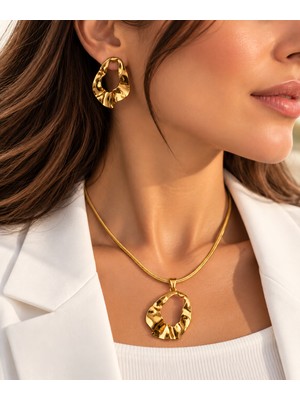 Adata Jewelry Çelik 22 Ayar Kaplama Sera / Yılan Zincir Kadın Kolye Küpe Seti / Uzatma Zincirli