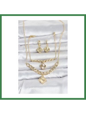 Bezos Gold Renk Pirinç Kolye Bileklik ve Küpe Seti BEZOS16