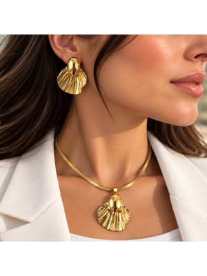 Adata Jewelry Çelik 22 Ayar Kaplama Lavin / Yılan Zincir Kadın Kolye Küpe Seti / Uzatma Zincirli