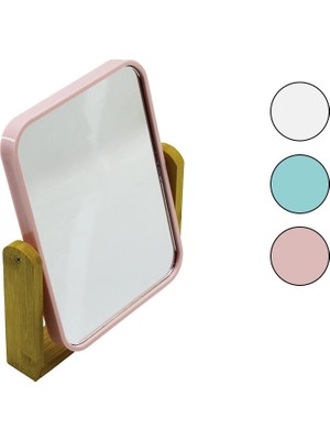 Marsilyan DIKDÖRTGEN=20.5X15.5CM Ahşap Bambu Ayaklı Makyaj Aynası Çift Taraflı Renkli Plastik Çerçeve BX40