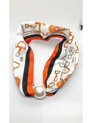 Nd Jewelry Turuncu Zincir ve Kemer Desenli İncili Fular Kolye (44 cm)