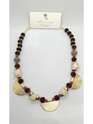 Nd Jewelry Bohem Gold Yarım Daire Detaylı Kahverengi Boncuk Kolye