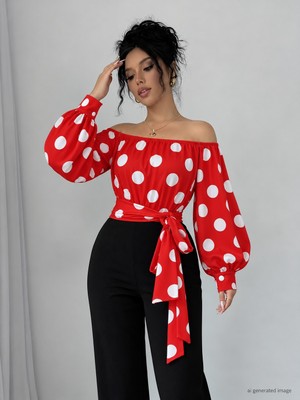 Trend Cojans Kadın Madonna Yakalı Kol Agzı Balonlu Bagcıklı Suprem Bluz ve Ithal Krep Pantolon