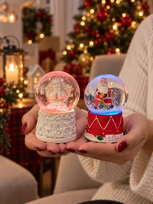 Uravas Store Uraselect 2'li Set Işıklı Kar Küresi 6,5 cm Yılbaşı Dekoratif Kar Küresi Noel Baba ve Melek Figürlü