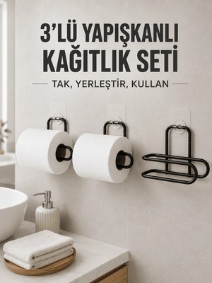 Uravas Store Uraselect 3 Adet Yapışkanlı Rulo Tutucu Siyah Metal Tuvalet Kağıdı Askısı