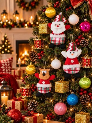 Uravas Store Uraselect 15 Parça Yılbaşı Ağacı Süs Seti Renkli Top Davul Hediye Paketi Noel Baba Kardan Adam Geyik Peluş