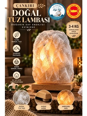 Dolozena Çankırı 3-4 kg Gri Doğal Kaya Tuzu Lambası Ahşap Kaideli Dekoratif Lamba
