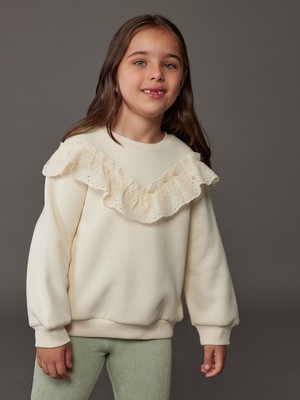 LC Waikiki Lcw Kids Ekru Bisiklet Yaka Uzun Kollu Nakışlı Kız Çocuk Sweatshirt