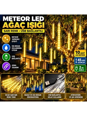 Uravas Store Uraselect 10'lu 45 cm Plastik Meteor LED USB 2m Kablo Sarı Renk Ağaç Işığı – Renk Değiştiren Asmalı Dekoratif Bahçe ve Dış Mekan Aydınlatması