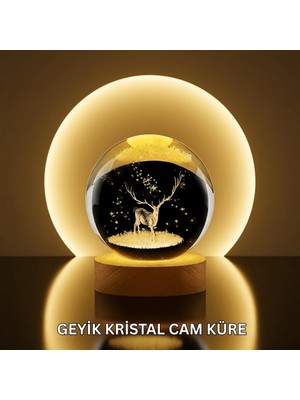 Uravas Store Uraselect Doğal Ahşap Standlı Geyik Figürlü Kristal Küre LED Dekoratif Lamba