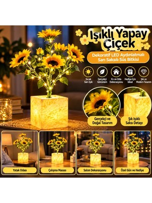 Uravas Store Uraselect Işıklı Yapay Çiçek – Sarı Saksılı LED Dekoratif Bitki, Masaüstü ve Ev Ofis Aydınlatmalı Süs Bitkisi