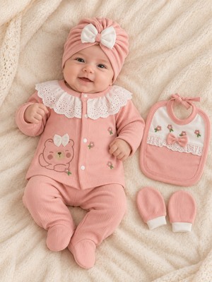 Lilliy Kız Bebek 5 Parça Hastane Çıkışı Seti 0-3 Ay Pembe Ayıcık Nakışlı Fırfırlı Yaka Şapka Önlük