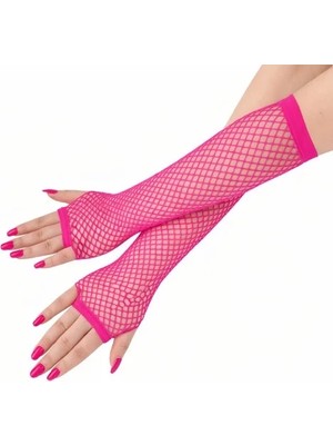 Uravas Store Uraselect 80’ler 90’lar Retro Neon Fuşya Şeker Pembesi File Parmaksız Eldiven 26 cm