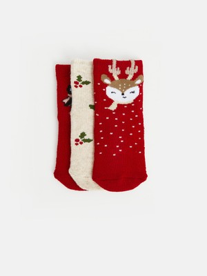 LC Waikiki Lcw Baby Kırmızı Yılbaşı Temalı Kız Bebek Soket Çorap 3'lü
