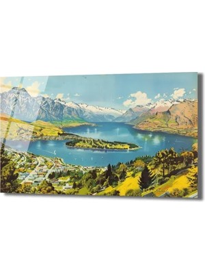 GLAZELLA Queenstown Manzarası Cam Tablo - Karlı Dağlar ve Huzurlu Göl