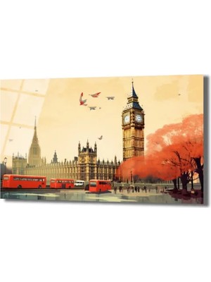 GLAZELLA Londra Büyüsü: Big Ben ve Kırmızı Otobüsler Cam Tablo