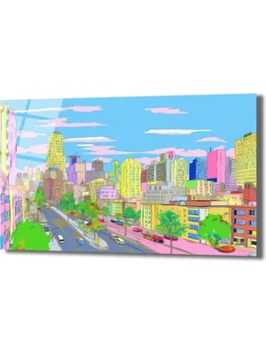 GLAZELLA Pastel Rüyaların Şehri Cam Tablo - Modern Şehir Manzarası