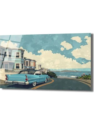 GLAZELLA Retro Sahil Yolu ve Klasik Araba Cam Tablo
