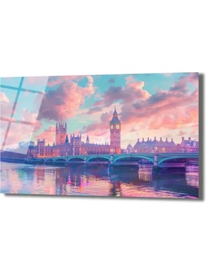 GLAZELLA Londra Big Ben Gün Batımı Manzarası Cam Tablo