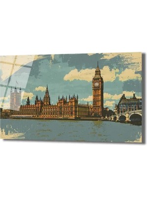 GLAZELLA Vintage Londra Big Ben Manzarası Cam Tablo