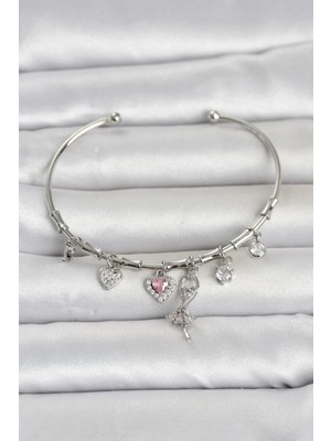 Uravas Store Uraselect Pirinç Gümüş Renk Balerin Detay Charmlı Kadın Bileklik TCXBB8491