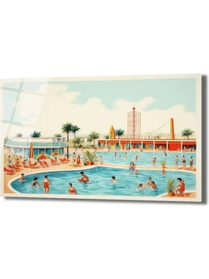 GLAZELLA Retro Yaz Havuzu Cam Tablo - Sonsuz Tatil Coşkusu