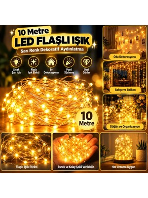 Uravas Store Uraselect Sarı Peri LED Flaşlı Işık – 10 Metre Dekoratif Oda ve Organizasyon Aydınlatması