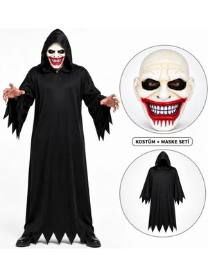 Uravas Store Uraselect Kanlı Gülüş Maskeli Siyah Kapüşonlu Kostüm Seti 140 cm