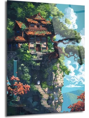 GLAZELLA Sakinliğin Zirvesi: Anime Tarzı Dağ Evi Manzaralı Cam Tablo