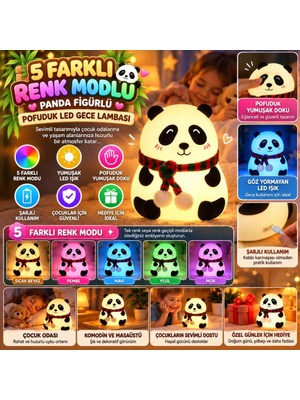 Uravas Store Urprime 5 Farklı Renk Modlu Panda Figürlü Pofuduk LED Gece Lambası–yumuşak Dokulu Çocuk Odası ve Dekoratif Şarjlı Ortam Işığı