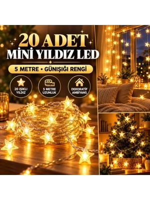Uravas Store Urprime 20 Adet Mini Yıldız LED 5 Metre Günışığı Rengi Dekoratif LED