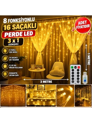 Uravas Store Urprime 8 Fonksiyonlu 16 Saçaklı Perde LED 3 x 1 (Günışığı)