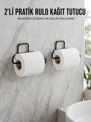 Uravas Store Urprime Urprime® 2 Adet Siyah Yapışkanlı Kağıtlık Duvar Tipi Tuvalet Kağıdı ve Rulo Tutucu