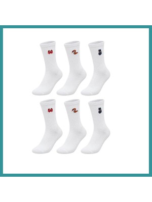 Bt Teknik Unisex Çorap Beyaz Hayvan Nakışlı 6'lı Set Yengeç Yılan Kedi Desenli Uzun Soket Günlük Spor Çorabı Bez