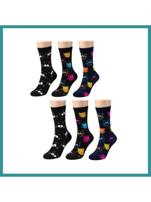 Bt Teknik Unisex Kedi Desenli Çorap 6'lı Set Pamuklu Renkli Uzun Soket Dikişsiz Nefes Alan Rahat Günlük Çorap Bez
