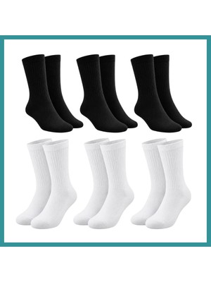 Bt Teknik Unisex Basic Siyah Beyaz Soket Çorap 6'lı Set Kadın Erkek Spor Günlük Uzun Ribanalı Rahat Çorap Set Bez