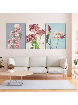 3'lü Kanvas Duvar Tablosu Soft Pastel Pembe Çiçek Görseli, 50 x 70