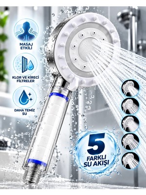 MiraLive Klor ve Kireç Filtreli Duş Başlığı 5 Farklı Su Akışı Masaj Etkili Filtreli Duş Başlığı