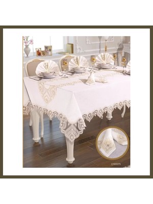 Northcity Kartanesi Gardenya Keten Yemek Takımı Masa Seti 12 Kişilik 26 Parça 160 × 220 cm Runner Set Krem Bx